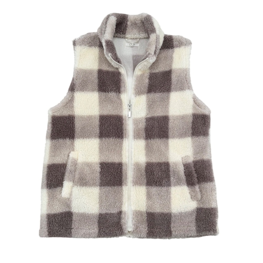 Maurices Sherpa Fleece Vest Womens XL Cream Gray Plaid Full Zip Pockets Cozy